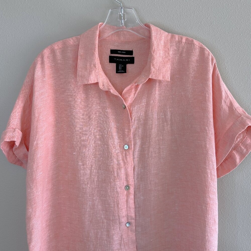 Tahari Coral 100% Linen Short Sleeve Button Up Top - Picture 3 of 7